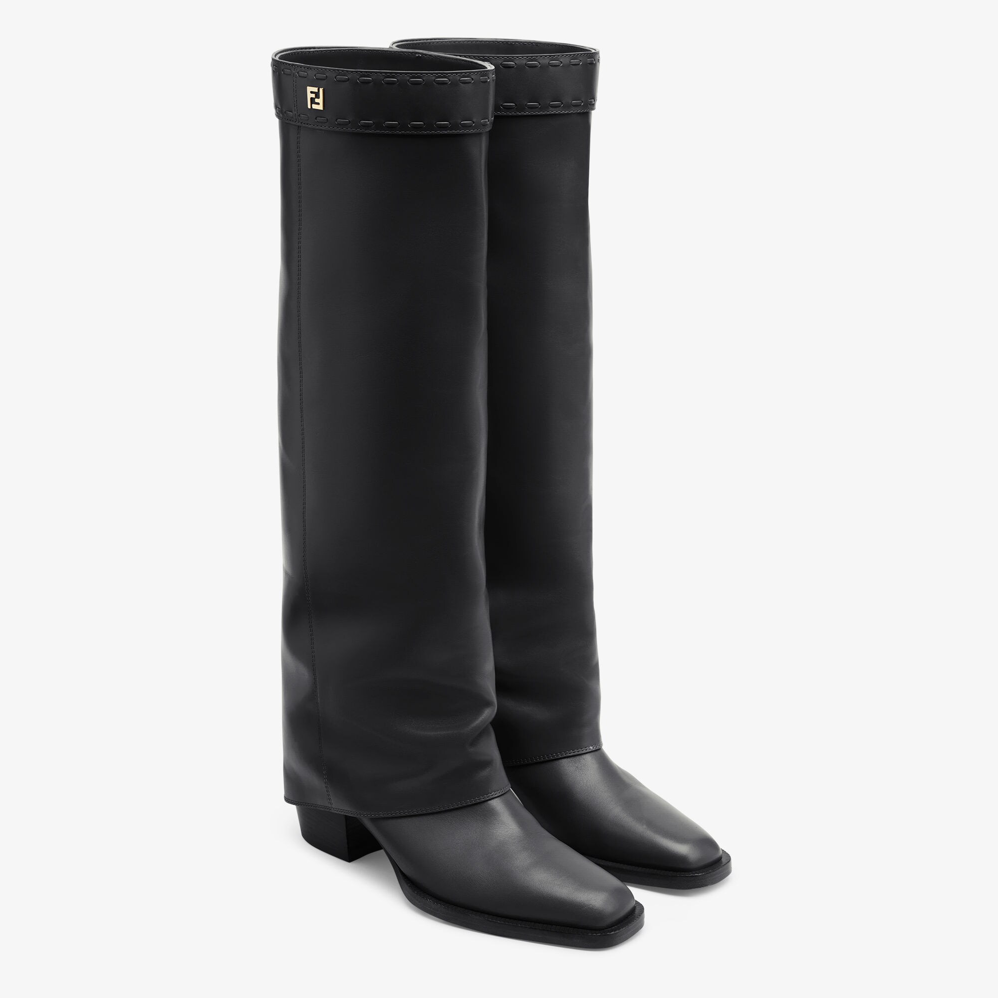 WMNS) FENDI Black leather biker boots with stretch fabric