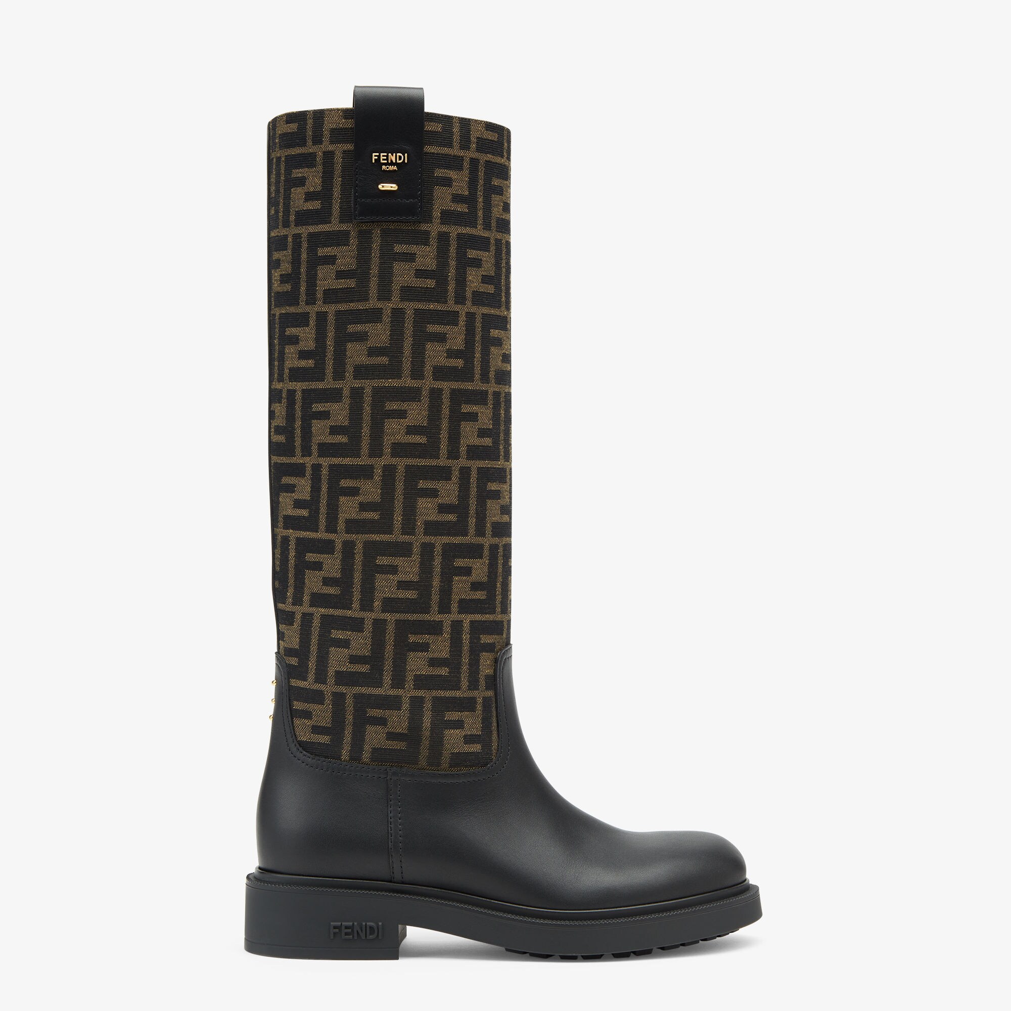 Fendi FiloBlack leather and brown FF fabric boots