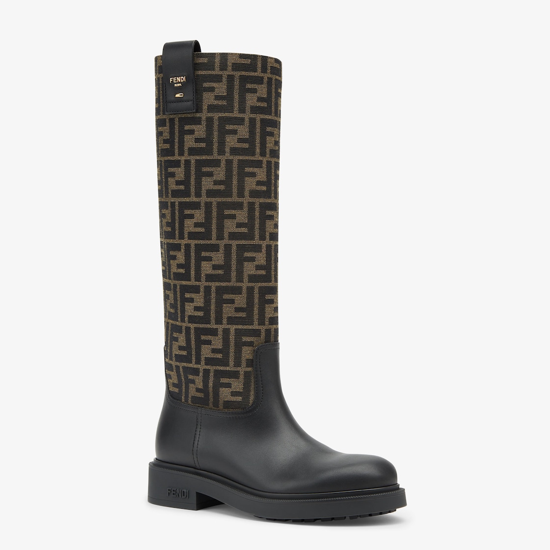 Fendi Filo Black leather and brown FF fabric boots Brown - Image 2/4