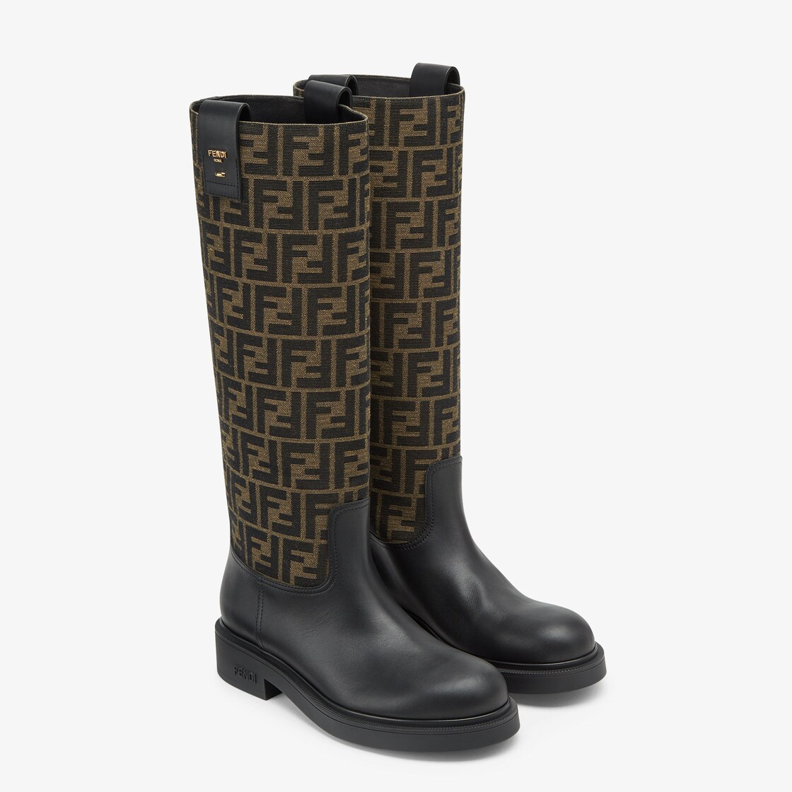 Fendi Filo Black leather and brown FF fabric boots Brown - Image 5/6