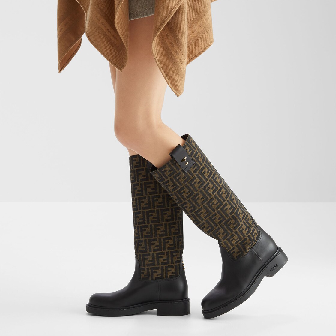 Fendi Filo Black leather and brown FF fabric boots Brown - Image 6/6