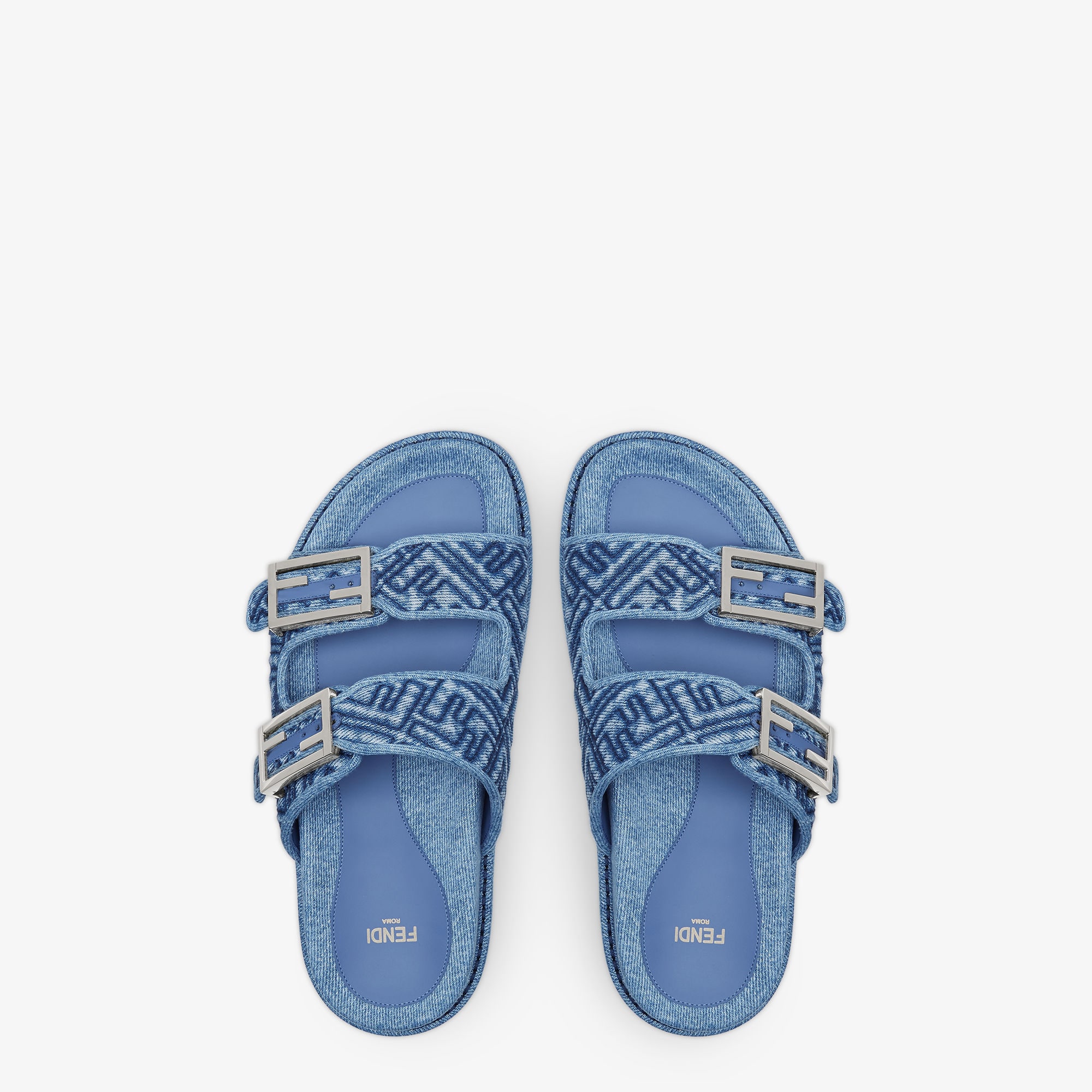 サンダル・ミュール Fendi Ff Denim Slides Fendi FF Embroidered Denim Dual Buckle Slide Sandals