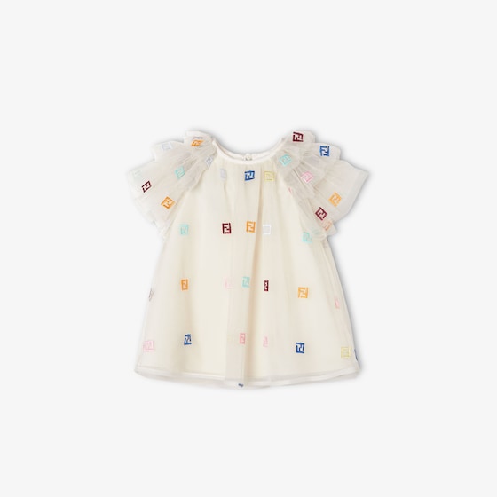 Fendi Cream tulle baby dress with multicoloured all-over micro FF
