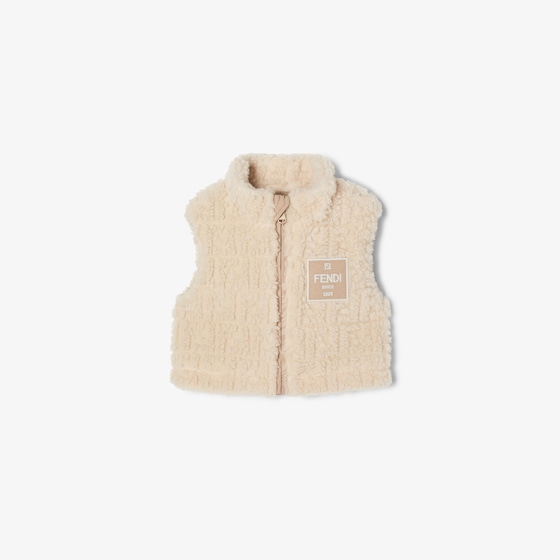 Fendi Beige teddy-effect wool baby gilet with tone-on-tone