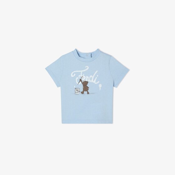 Fendi Light blue jersey baby T-shirt featuring a teddy bear print