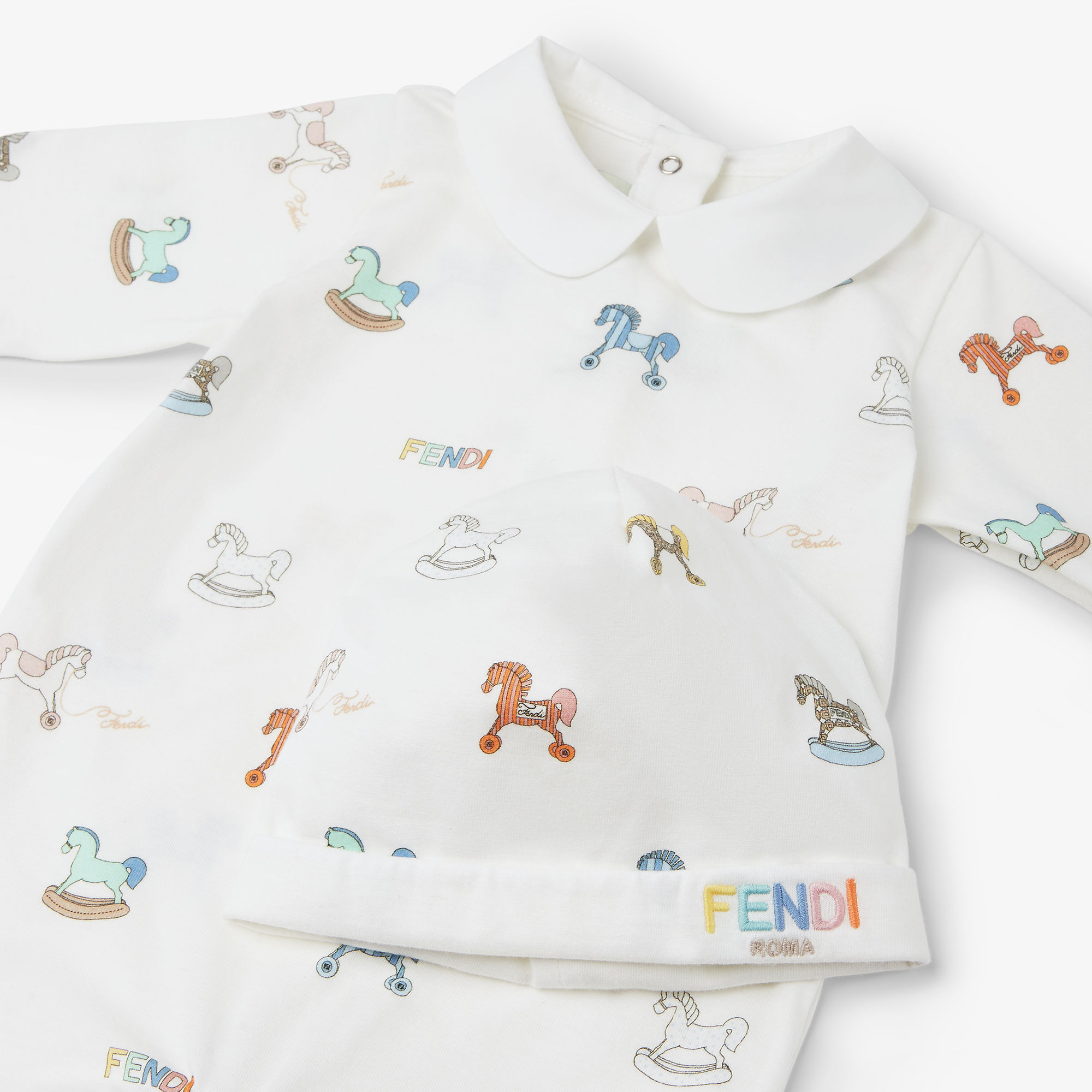 Fendi White jersey baby set with multicoloured all-over horse | Thumbnail 3