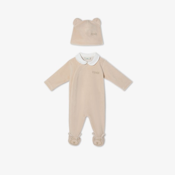 Fendi Beige chenille teddy bear baby set with playsuit and hat