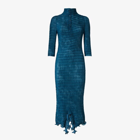 Fendi Textured High Neck Dress Ruffles In Blue