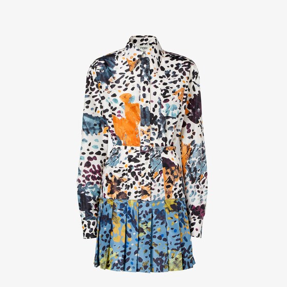 Fendi White And Light Blue Printed Silk Dress In Multi | ModeSens