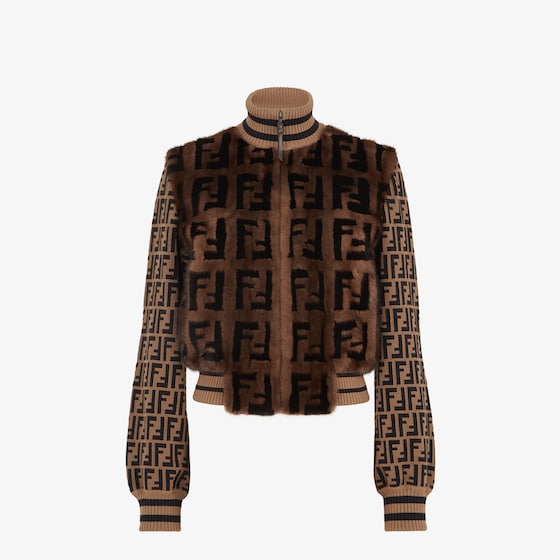 Fendi Mink and stretch jacquard knit FF bomber jacket