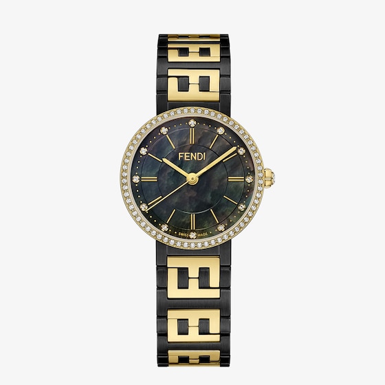 Fendi Two-tone Diamond-embellished Swiss Watch With Folding Clasp In Black