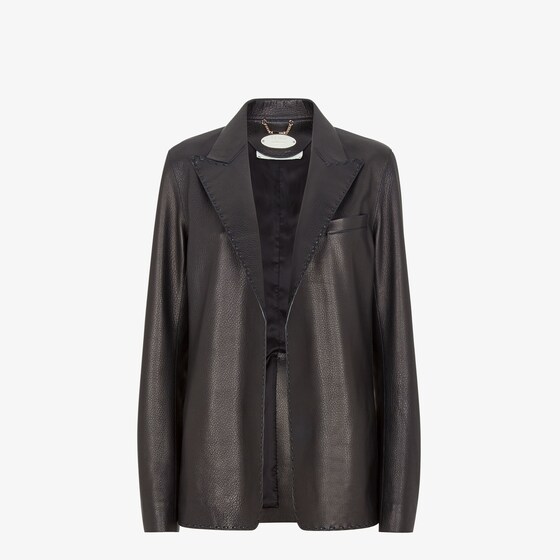 Fendi Lapel Long-sleeved Leather Jacket In Black