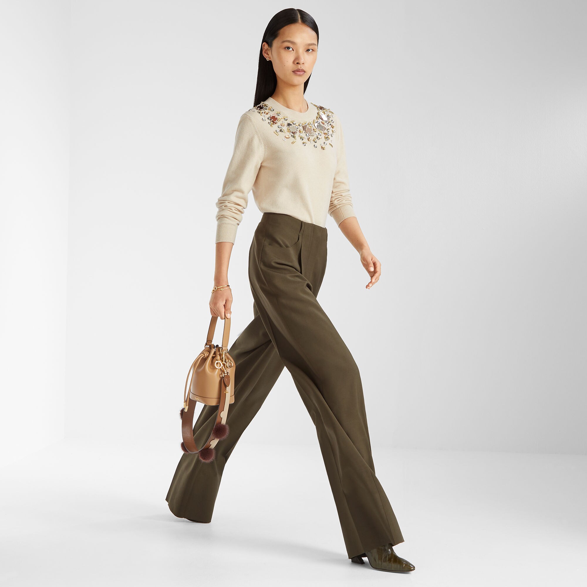 極美品 FENDI ライトグリーン スリムフィットパンツ パンツ ウール