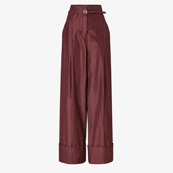Fendi Women Bordeaux Pants With Ff Buckle Belt And Maxi Turn-up Hem In Silk Woman In Burgundy