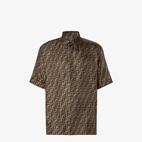 Fendi Men Brown Shirt With Ff Motif In Silk Man In Brown