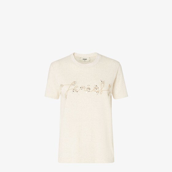 Fendi Beige Cotton And Linen T-shirt With Logo In Neutral
