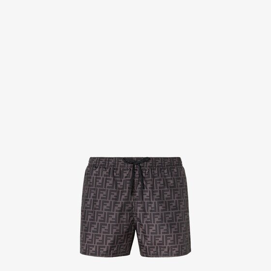 Fendi Tech Fabric With All-over Ff Pattern Swim Shorts In Brown