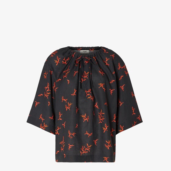Fendi Floral Print Linen Top With Wide Sleeves In Black