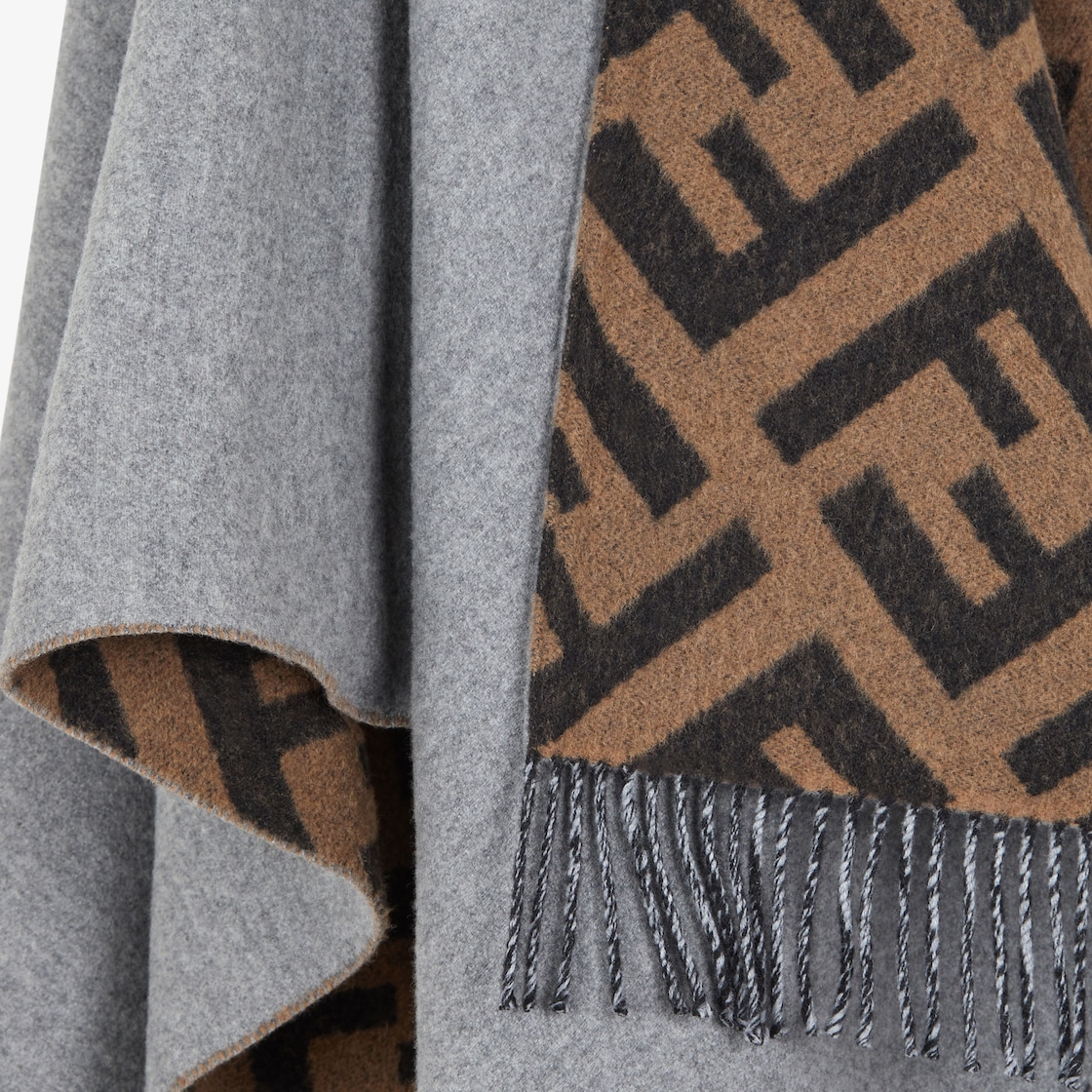 FENDI: poncho in wool and silk blend with FF jacquard pattern - Grey