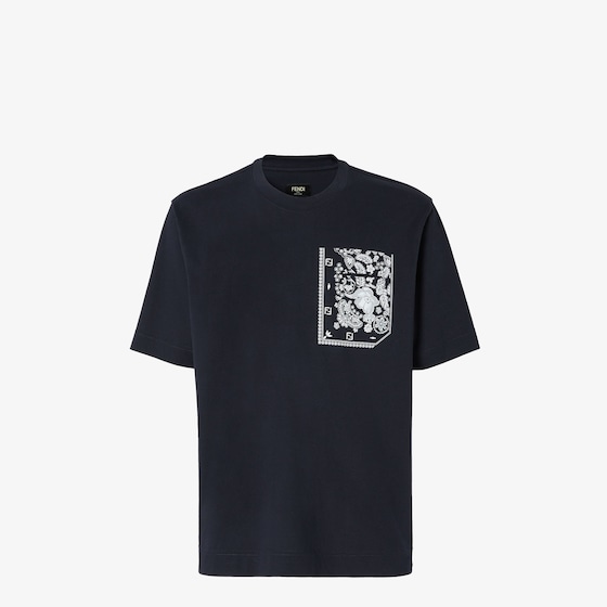 Fendi Men Midnight Blue Cotton T-shirt In Black
