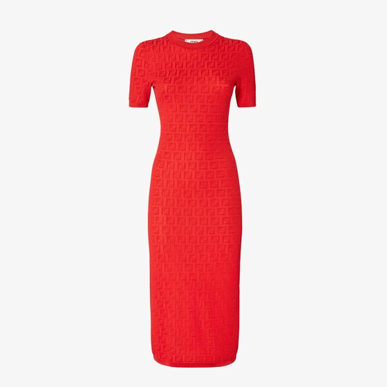 Fendi Women Red Short Sleeve Dress With All-over Ff Motif In Cotton Blend Woman In Red