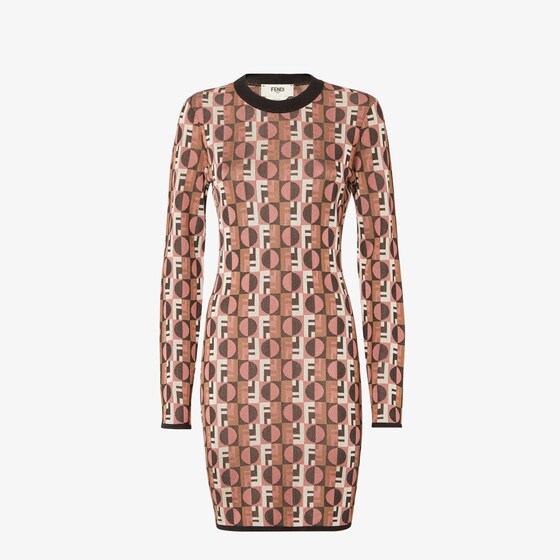 Fendi Optical Archive Print Long Sleeve Crewneck Knit Mini Dress Dresses Multicolor In Multi